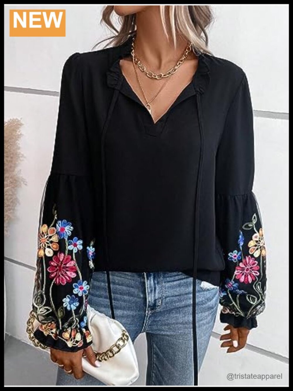 Floral Embroidered Peasant Blouse Tie Neck Lantern Sleeve Dressy Casual Top - Picture 4 of 4